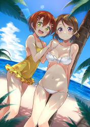Rule 34 | 10s, 2girls, :3, :d, beach, bikini, blush, bow, breasts, brown hair, casual one-piece swimsuit, cleavage, cloud, collarbone, covered navel, dappled sunlight, day, dutch angle, frilled swimsuit, frills, front-tie top, hair ornament, hairclip, horizon, hoshizora rin, koizumi hanayo, lens flare, light smile, love live!, love live! school idol project, medium breasts, midriff, multiple girls, navel, ocean, one-piece swimsuit, open mouth, orange hair, outdoors, palm tree, purple eyes, shitou (1992116210), short hair, sky, small breasts, smile, standing, sunlight, swept bangs, swimsuit, thigh gap, tree, underboob, white bikini, yellow eyes, yellow one-piece swimsuit