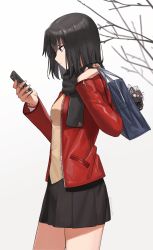 Rule 34 | 1girl, absurdres, bad id, bad pixiv id, bag, bag charm, black hair, black skirt, breasts, brown eyes, cellphone, charm (object), closed mouth, commentary request, cowboy shot, from side, highres, holding, holding phone, jacket, kara no kyoukai, long sleeves, medium breasts, miniskirt, okakasushi, open clothes, open jacket, phone, pleated skirt, red jacket, ryougi shiki, scarf, school bag, short hair, skirt, smartphone, solo, standing, thighs