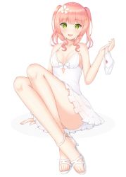 Rule 34 | 1girl, :d, bad id, bad pixiv id, bare arms, bare shoulders, blush, bow, bow panties, breasts, brown hair, collarbone, commentary, dress, feet, fingernails, flower, green eyes, hair flower, hair ornament, hairclip, hand up, high heels, highres, holding, holding clothes, holding panties, holding underwear, long hair, long legs, looking at viewer, no panties, open mouth, original, panties, unworn panties, round teeth, sandals, seventeen (st17215), shadow, sleeveless, sleeveless dress, small breasts, smile, solo, symbol-only commentary, teeth, toenails, toes, two side up, underwear, upper teeth only, white background, white dress, white flower, white footwear, white panties