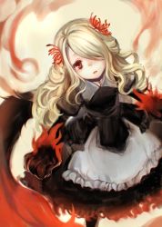 Rule 34 | 1girl, black dress, blonde hair, character request, closed mouth, dress, flaming hand, flower, from above, hair flower, hair ornament, hair over one eye, long hair, long sleeves, red eyes, red flower, sinoalice, solo, spider lily, teroru, wavy hair, yellow background