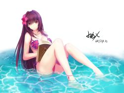 Rule 34 | 1girl, absurdly long hair, absurdres, blush, breasts, brown hair, cleavage, collarbone, dated, fate/grand order, fate (series), flower, full body, hair flower, hair ornament, highres, large breasts, long hair, looking at viewer, parted lips, scathach (fate), signature, sitting, solo, very long hair, water, xkc