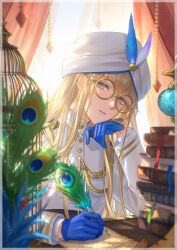 Rule 34 | 1boy, absurdres, aiguillette, backlighting, birdcage, blonde hair, blue eyes, blue gloves, blurry, blurry foreground, book, book stack, bookmark, border, buttons, cage, captain nemo (fate), commentary request, curtains, depth of field, eyelashes, eyewear strap, fate/grand order, fate (series), feathers, glasses, glint, gloves, gold trim, hand up, hat, hat feather, head tilt, highres, holding, holding quill, indoors, jacket, light smile, long hair, long sleeves, looking at viewer, male focus, nemo (fate), paper, parted lips, peacock feathers, qingyuan, quill, sidelocks, smile, solo, sunlight, table, transparent border, turban, upper body, white hat, white jacket, window, writing, yellow-framed eyewear