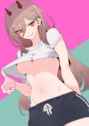 Rule 34 | 1girl, breasts, brown hair, chainsaw man, clothes lift, horns, large breasts, lifted by self, long hair, looking at viewer, naughty face, navel, no bra, power (chainsaw man), shirt, shirt lift, short shorts, short sleeves, shorts, simple background, smile, solo, standing, tajima ryuushi, teasing, teeth, underboob, upshirt, white shirt