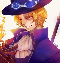 Rule 34 | 1boy, blonde hair, ascot, fire, gloves, goggles, goggles on headwear, hat, male focus, one piece, pole, sabo (one piece), scar, simple background, solo, top hat, yellow eyes