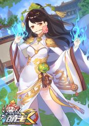 Rule 34 | architecture, black hair, blue sky, breasts, brown eyes, china dress, chinese clothes, day, dragon print, dress, east asian architecture, flower, grass, hair ornament, hair stick, long hair, looking at viewer, m/, magic, medium breasts, moeoh ex, mouth hold, pantyhose, rose, sky, solo, standing, tsubasa tsubasa, white pantyhose
