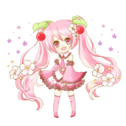 Rule 34 | 1girl, 83kuma, :d, bad id, bad pixiv id, boots, cherry, cherry blossoms, chibi, detached sleeves, floral background, flower, food, fruit, full body, hair flower, hair ornament, hatsune miku, head tilt, long hair, necktie, open mouth, pink eyes, pink footwear, pink hair, pink thighhighs, sakura miku, simple background, skirt, smile, solo, thighhighs, twintails, very long hair, vocaloid, white background