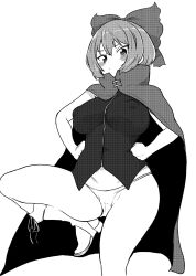 Rule 34 | 1girl, blush, bow, breasts, cape, closed mouth, cowboy shot, dot mouth, greyscale, hair bow, hands on own hips, highres, himajin noizu, large breasts, looking at viewer, monochrome, no pants, panties, sekibanki, short hair, simple background, sleeveless, solo, standing, standing on one leg, touhou, underwear, vest, white background, white panties, zipper