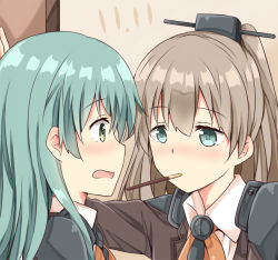 Rule 34 | 10s, 2girls, against wall, aqua eyes, arm support, armor, blue eyes, blush, brown hair, close-up, embarrassed, eye contact, face-to-face, female focus, food, green eyes, green hair, hair between eyes, hair ornament, imminent kiss, jitai, kantai collection, kumano (kancolle), long hair, long sleeves, looking at another, mouth hold, multiple girls, neck, open mouth, pauldrons, pocky, pocky day, pocky kiss, ponytail, school uniform, shared food, sharing food, shoulder armor, shy, simple background, surprised, suzuya (kancolle), upper body, yuri