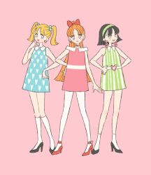 Rule 34 | 1960s (fashion), 3girls, belt, blossom (ppg), blue eyes, bob cut, bow, bubbles (ppg), buttercup (ppg), child, choker, collared dress, dress, earrings, fashion, flat chest, green dress, green eyes, hair bobbles, hair bow, hair ornament, hairband, headband, heart, heart earrings, heart necklace, heart print, high heels, highres, jewelry, leggings, multiple girls, necklace, petite, pink background, pink bow, pink dress, pink eyes, ponytail, powerpuff girls, print dress, retro artstyle, rikuwo, short hair, siblings, sisters, socks, twintails, vintage clothes, white legwear