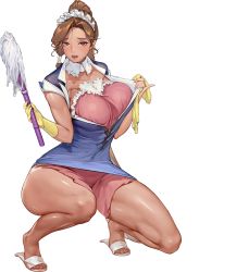 Rule 34 | 1girl, apron, belt, breasts, brown eyes, collar, covered navel, curvy, dark-skinned female, dark skin, detached collar, dress, full body, game cg, gloves, highres, large breasts, last origin, long hair, looking at viewer, maid, maid headdress, miss safety, mop, official art, parted bangs, pink apron, puddle, pulling own clothes, revealing clothes, rorobomb, sandals, shirt, short dress, simple background, solo, squatting, tachi-e, thighs, tiptoes, toned, transparent background, undressing, upskirt, wide hips, yellow gloves