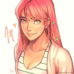 Rule 34 | 1girl, annie mei, annie mei project, breasts, caleb thomas, cleavage, earrings, green eyes, jewelry, lips, long hair, looking at viewer, original, pink hair, smile, solo, striped, upper body