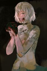 Rule 34 | 1girl, blood, blood on face, blood on hands, dungeon meshi, falin touden, falin touden (chimera), feathers, hands up, haxinssy, highres, holding, monster girl, short hair, solo, white hair