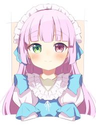 Rule 34 | 1girl, absurdres, blue dress, blush, brown background, closed mouth, commentary request, copyright request, cropped torso, dress, green eyes, heterochromia, highres, layered sleeves, long sleeves, looking at viewer, maid headdress, neck ribbon, okota mikan, pink hair, puffy short sleeves, puffy sleeves, red eyes, ribbon, short over long sleeves, short sleeves, smile, solo, two-tone background, upper body, virtual youtuber, white background, white ribbon