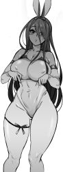 Rule 34 | 1girl, animal ears, blush, breasts, chokukame, cleavage, covered erect nipples, elbow gloves, gloves, greyscale, hair between eyes, large breasts, long hair, looking at viewer, monochrome, one-piece swimsuit, original, parted lips, rabbit ears, simple background, solo, swimsuit, thigh strap, white background