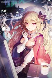 Rule 34 | 1girl, aurora, bow, breasts, cape, cleavage, cup, dress, easel, fur hat, gio (maroon0924), gloves, hair bow, hair ornament, hat, long hair, mug, notebook, paintbrush, red eyes, snow, solo, sword girls, white gloves, winter