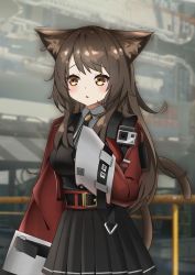 Rule 34 | 1girl, animal ears, arknights, belt, black dress, blush, brown eyes, brown hair, cat ears, commentary request, dress, highres, jacket, long hair, long sleeves, open clothes, open jacket, outdoors, parted lips, pleated dress, rakuaki, red jacket, skyfire (arknights), solo, wide sleeves