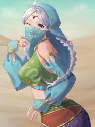 Rule 34 | 1girl, ahoge, bare shoulders, blue eyes, braid, breasts, circlet, commission, commissioner upload, cosplay, day, desert, fire emblem, fire emblem fates, gem, gerudo set (zelda), gold choker, grey hair, highres, jewelry, long hair, looking at viewer, low twintails, medium breasts, mouth veil, nina (fire emblem), nintendo, non-web source, one eye closed, open mouth, parted bangs, sand, skeb commission, solo, the legend of zelda, the legend of zelda: breath of the wild, tomo shirasu, twin braids, twintails, veil