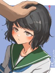 Rule 34 | 1girl, 1other, ?, black hair, blue background, brown eyes, character name, commentary request, dated, green sailor collar, hand on another&#039;s head, headpat, highres, kantai collection, miyuki (kancolle), one-hour drawing challenge, sailor collar, school uniform, serafuku, short hair, twitter username, two-tone background, umibudou, upper body