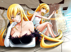 Rule 34 | 2girls, bakemonogatari, bare shoulders, blonde hair, breasts, cleavage, collarbone, crossed legs, doughnut, dress, dual persona, elbow gloves, female focus, food, gloves, head rest, kiss-shot acerola-orion heart-under-blade, large breasts, long hair, long legs, looking at viewer, lying, md5 mismatch, monogatari (series), mouth hold, multiple girls, on stomach, oshino shinobu, resolution mismatch, sandals, sitting, smile, source smaller, strapless, strapless dress, yellow eyes, yuki mizore