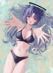Rule 34 | 1girl, absurdres, alternate costume, bare arms, bare shoulders, bikini, black bikini, black halo, blue archive, blue eyes, blue hair, blush, breasts, cleavage, collarbone, commentary request, halo, hands up, highres, incoming hug, large breasts, long hair, navel, open mouth, parted bangs, smile, solo, swimsuit, teeth, thigh gap, triangle hair ornament, two side up, upper teeth only, wasinodandan, water, yuuka (blue archive)