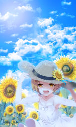 Rule 34 | 10s, 1girl, :d, akahito, bad id, bad pixiv id, bare arms, blue ribbon, blush, brown hair, cloud, collarbone, day, dress, eyebrows, eyelashes, flat chest, flower, hair flower, hair ornament, hairclip, hand on headwear, hands up, happy, hat, hat flower, hat ribbon, highres, idolmaster, idolmaster cinderella girls, lens flare, looking at viewer, open mouth, outdoors, ribbon, ryuzaki kaoru, shade, short hair, sky, sleeveless, sleeveless dress, smile, solo, straw hat, sundress, sunflower, sunflower hair ornament, upper body, white dress, wind, yellow eyes, yellow flower