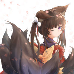Rule 34 | amagi-chan (azur lane), animal ear fluff, animal ears, azur lane, back, blunt bangs, brown hair, brown tail, cherry blossoms, closed mouth, commentary request, eyebrows, fluffy, fox ears, fox tail, from side, hair ornament, hair ribbon, head tilt, highres, japanese clothes, kimono, kitsune, kyuubi, long hair, looking at viewer, multiple tails, obi, off shoulder, one eye closed, petals, purple eyes, purple kimono, red kimono, ribbon, rope, sash, sherly hiberna, shimenawa, sidelocks, simple background, sleeveless, sleeveless kimono, solo, tail, tearing up, twintails, white background, white ribbon