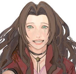 Rule 34 | 1girl, aerith gainsborough, choker, crying, dress, final fantasy, final fantasy vii, final fantasy vii remake, flower choker, green eyes, hair down, highres, jacket, long hair, newb ff7r, parted bangs, parted lips, pink dress, red jacket, sidelocks, smile, solo, square enix, teardrop, teeth, wavy hair, white background