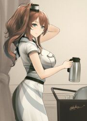 Rule 34 | 1girl, belt, breast pocket, breasts, brown hair, coffee pot, cup, dress, grey eyes, hair between eyes, hair ornament, highres, kantai collection, large breasts, odachu, pocket, ponytail, saratoga (kancolle), saratoga mk ii (kancolle), side ponytail, sidelocks, smokestack, smokestack hair ornament, white dress