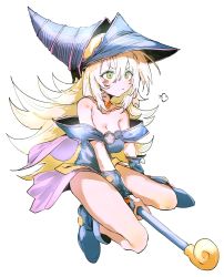 Rule 34 | 1girl, absurdres, bare shoulders, between legs, blonde hair, blue footwear, blush stickers, boots, breasts, cleavage, collarbone, dark magician girl, ddari, duel monster, green eyes, grey background, hair between eyes, hand between legs, hat, highres, holding, large breasts, long hair, off shoulder, pout, shiny clothes, simple background, solo, wizard hat, yu-gi-oh!
