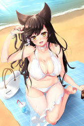 Rule 34 | 1girl, alternate costume, animal ears, aruto (shake onigiri), atago (azur lane), atago (summer march) (azur lane), atago (summer march) (azur lane), azur lane, bag, bare legs, barefoot, beach, beach towel, beach umbrella, bikini, blush, breasts, brown hair, character name, cleavage, covered erect nipples, day, drink, drinking straw, gluteal fold, hand in own hair, handbag, highres, kneeling, large breasts, long hair, looking at viewer, lotion bottle, mole, mole under eye, navel, ocean, open mouth, outdoors, see-through, smile, solo, sunlight, swimsuit, thigh gap, towel, umbrella, white bikini, yellow eyes