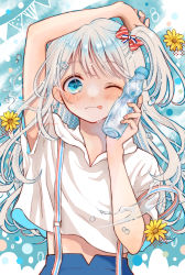 Rule 34 | 1girl, :p, arm up, blue eyes, blue hair, blush, bottle, bow, crop top, female focus, flower, frown, ginniroya, hair bow, hair ornament, hairclip, halftone, highres, holding, holding bottle, looking at viewer, multicolored hair, one eye closed, one side up, original, solo, striped, striped bow, suspenders, tareme, tongue, tongue out, water, water bottle, white hair