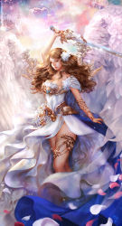 Rule 34 | 1girl, angel wings, arm up, bracelet, brown hair, cloud, dress, flower, glint, hair flower, hair ornament, highres, holding, holding sword, holding weapon, jewelry, long hair, nail polish, red nails, solan, solo, standing, sword, weapon, white dress, white wings, wings