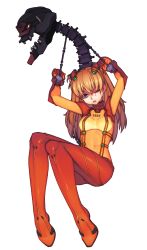 Rule 34 | 00s, 1girl, arms up, blue eyes, bodysuit, brown hair, evangelion: 2.0 you can (not) advance, full body, hair ornament, highres, long hair, multicolored clothes, neon genesis evangelion, one eye closed, parted lips, plugsuit, rebuild of evangelion, see-through, simple background, skin tight, solo, souryuu asuka langley, tears, test plugsuit, twintails, white background, yuksi