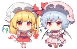 Rule 34 | 2girls, ascot, bat wings, blonde hair, blouse, blue hair, blush, bow, bowtie, chibi, commentary request, crystal, cup, dress, fang, fang out, flandre scarlet, full body, hajin, hat, hat bow, hat ribbon, holding, holding cup, laevatein, long hair, looking at viewer, miniskirt, mob cap, multiple girls, one side up, petticoat, pink dress, pink headwear, puffy short sleeves, puffy sleeves, red bow, red eyes, red footwear, red neckwear, red ribbon, red skirt, red vest, remilia scarlet, ribbon, saucer, shirt, shoes, short hair, short sleeves, siblings, simple background, sisters, skirt, smile, socks, standing, teacup, touhou, vest, white background, white headwear, white legwear, white shirt, wings, yellow neckwear