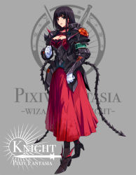 Rule 34 | 1girl, armor, black hair, boots, breasts, cleavage, dress, earrings, full body, gloves, grey background, high heels, jewelry, knight, long hair, medium breasts, pauldrons, pixiv fantasia, pixiv fantasia wizard and knight, red eyes, shinmai (kyata), shoes, shoulder armor, solo, whip sword
