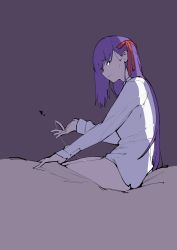 Rule 34 | 1girl, absurdres, bed, commentary request, fate/stay night, fate (series), hair ribbon, highres, indoors, jikatarou, long hair, looking at viewer, looking to the side, matou sakura, naked shirt, on bed, parted lips, purple background, purple eyes, purple hair, pussy juice, pussy juice trail, red ribbon, ribbon, shirt, simple background, sitting, solo, sweatdrop, very long hair
