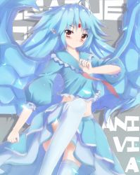 Rule 34 | 1girl, anivia, blue hair, blush, child, ice, league of legends, long hair, personification, red eyes, school uniform, smile, thighhighs, wings