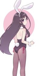 Rule 34 | 1girl, akichi mashiro, animal ears, bare back, bare shoulders, black hair, black leotard, commentary, fake animal ears, from behind, hair ornament, hairband, hairclip, highres, kibisake, leotard, long hair, looking at viewer, looking back, original, pantyhose, parted lips, phone wallpaper, playboy bunny, purple eyes, rabbit ears, rabbit tail, shoulder blades, simple background, solo, tail, very long hair, wallpaper, white hairband, wrist cuffs