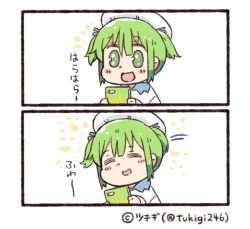 Rule 34 | 0 0, 1girl, 2koma, :d, = =, ^ ^, artist name, cellphone, comic, commentary request, closed eyes, green eyes, green hair, hat, line (naver), lowres, open mouth, personification, phone, sailor hat, short twintails, sidelocks, smartphone, smile, translation request, tsukigi, twintails, twitter username