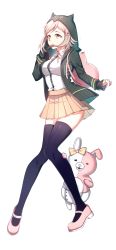 Rule 34 | 1girl, animal bag, animal ears, ayan, backpack, bag, beige skirt, black thighhighs, blush, bow, breasts, cat bag, colored skin, commentary request, danganronpa (series), danganronpa 2: goodbye despair, ear bow, ear ribbon, feet out of frame, flipped hair, hair ornament, hairclip, heterochromia, highres, hood, hood up, hoodie, large breasts, light brown hair, looking at viewer, monomi (danganronpa), multicolored skin, nanami chiaki, pink eyes, pink neckwear, pink ribbon, pleated skirt, rabbit, ribbon, school uniform, shirt, short hair, simple background, skirt, smile, standing, thighhighs, two-tone skin, white background, white shirt