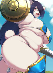 Rule 34 | 1girl, akitaka (mcdonnell-douglas), blue eyes, breasts, fat, fur, furry, hair over one eye, huge breasts, large breasts, long hair, original, plump, shiled, solo, sweatdrop, sword, thick thighs, thighs, weapon
