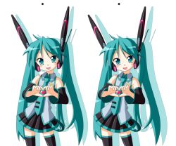 Rule 34 | clone, cosplay, detached sleeves, green eyes, green hair, hatsune miku, hatsune miku (cosplay), heart, heart hands, hiiragi kagami, long hair, lucky star, rindou (awoshakushi), robot ears, stereogram, thighhighs, twintails, vocaloid