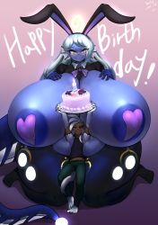 Rule 34 | 1boy, 1girl, absurdres, barefoot, between breasts, black sclera, blue nipples, blue skin, breasts, cake, candle, colored nipples, colored sclera, colored skin, dark skin, deep skin, dot nose, elbow gloves, english text, fire, food, gigantic breasts, gipehtyboo, glasses, gloves, hands on own chest, heart pasties, highres, kneeling, long hair, meme attire, monster girl, navel, original, pasties, plump, rabbit ears, red eyes, reverse bunnysuit, reverse outfit, size difference, tail, thick thighs, thighs, white gloves, white hair, wide hips, yellow eyes