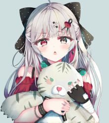 Rule 34 | 1girl, ahoge, aties20, bandaged arm, bandages, bare shoulders, black bow, black gloves, blush, bow, chestnut mouth, collarbone, fingerless gloves, flower, gloves, grey background, grey eyes, grey hair, hair bow, hair flower, hair ornament, highres, hugging object, ishigami nozomi, ishigami nozomi (1st costume), jewelry, lace-trimmed bow, lace trim, long hair, looking at viewer, nijisanji, off-shoulder shirt, off shoulder, open mouth, red eyes, red shirt, ring, shirt, simple background, single glove, solo, stuffed animal, stuffed tiger, stuffed toy, upper body, virtual youtuber
