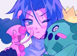 1boy ameya_(okemu_ame) blush cacnea creatures_(company) embarrassed game_freak gen_3_pokemon gen_4_pokemon green_eyes highres james_(pokemon) male_focus mime_jr. nintendo one_eye_closed pokemon pokemon_(anime) pokemon_(creature) sweatdrop team_rocket white_background