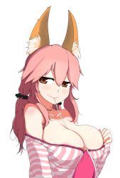 Rule 34 | 10s, 1girl, animal ears, areola slip, bare shoulders, blush, breasts, cleavage, drawfag, fate/extra, fate (series), female focus, fox ears, harlem company, highres, large breasts, long hair, mouth hold, non-web source, official alternate costume, pink hair, sate, scrunchie, simple background, smile, solo, tamamo (fate), tamamo no mae (fate/extra), tamamo no mae (spring casual) (fate), twintails, white background, yellow eyes