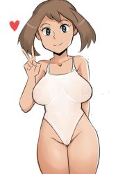 Rule 34 | 1girl, bare shoulders, blue eyes, breasts, brown hair, cameltoe, cleft of venus, collarbone, covered navel, cowboy shot, creatures (company), game freak, heart, highleg, highleg swimsuit, highres, large breasts, looking at viewer, may (pokemon), nintendo, nipples, one-piece swimsuit, pokemon, pokemon rse, rider 117, see-through, smile, solo, swimsuit, thighs, uncensored, v, white background