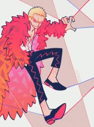 Rule 34 | 1boy, animification, artist name, black footwear, blonde hair, brancrokie, coat, donquixote doflamingo, earrings, feather coat, full body, hand in pocket, highres, jewelry, leg hair, looking at viewer, one piece, open clothes, open shirt, pink coat, shirt, short hair, string, sunglasses, toon (style), white shirt