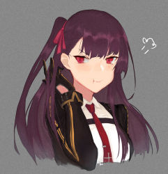 Rule 34 | 1girl, :t, blazer, blush, breasts, collared shirt, commentary request, cropped torso, girls&#039; frontline, gloves, hair ribbon, half updo, hand in own hair, highres, jacket, large breasts, long hair, long sleeves, looking at viewer, necktie, oka ball, one side up, pout, puffy cheeks, purple hair, red eyes, red necktie, ribbon, shirt, sidelocks, simple background, solo, striped clothes, striped shirt, tsundere, tsurime, very long hair, wa2000 (girls&#039; frontline), wavy mouth, white shirt