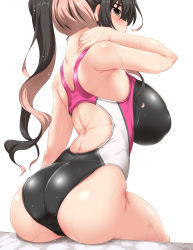 Rule 34 | 1girl, absurdres, ass, back, black hair, black one-piece swimsuit, blush, breasts, competition swimsuit, covered erect nipples, from behind, grey eyes, hand on own neck, high ponytail, highres, huge breasts, kantai collection, long hair, looking at viewer, looking back, multicolored hair, naganami (kancolle), one-piece swimsuit, pink hair, ponytail, poolside, simple background, sitting, solo, swimsuit, water drop, wet, white background, yoshi tama